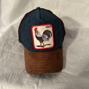 Men's Rooster Trucker Hat One Size Blue/Brown, Suede front